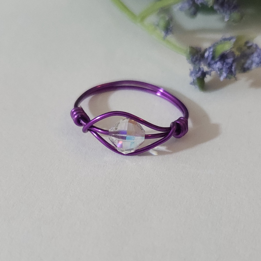 Handmade Vintage Aurora Borealis Crystal Wire Wrapped Ring Size 7 / Made to Size - Picture 7 of 13